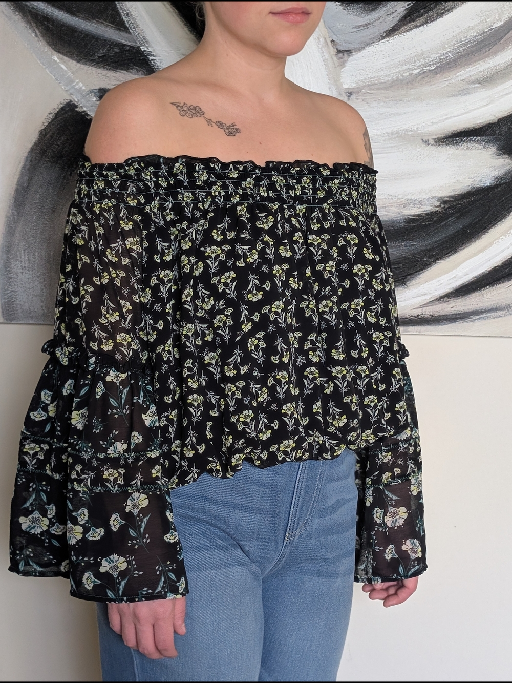 Free People Rose Valley black floral off-the-shoulder top